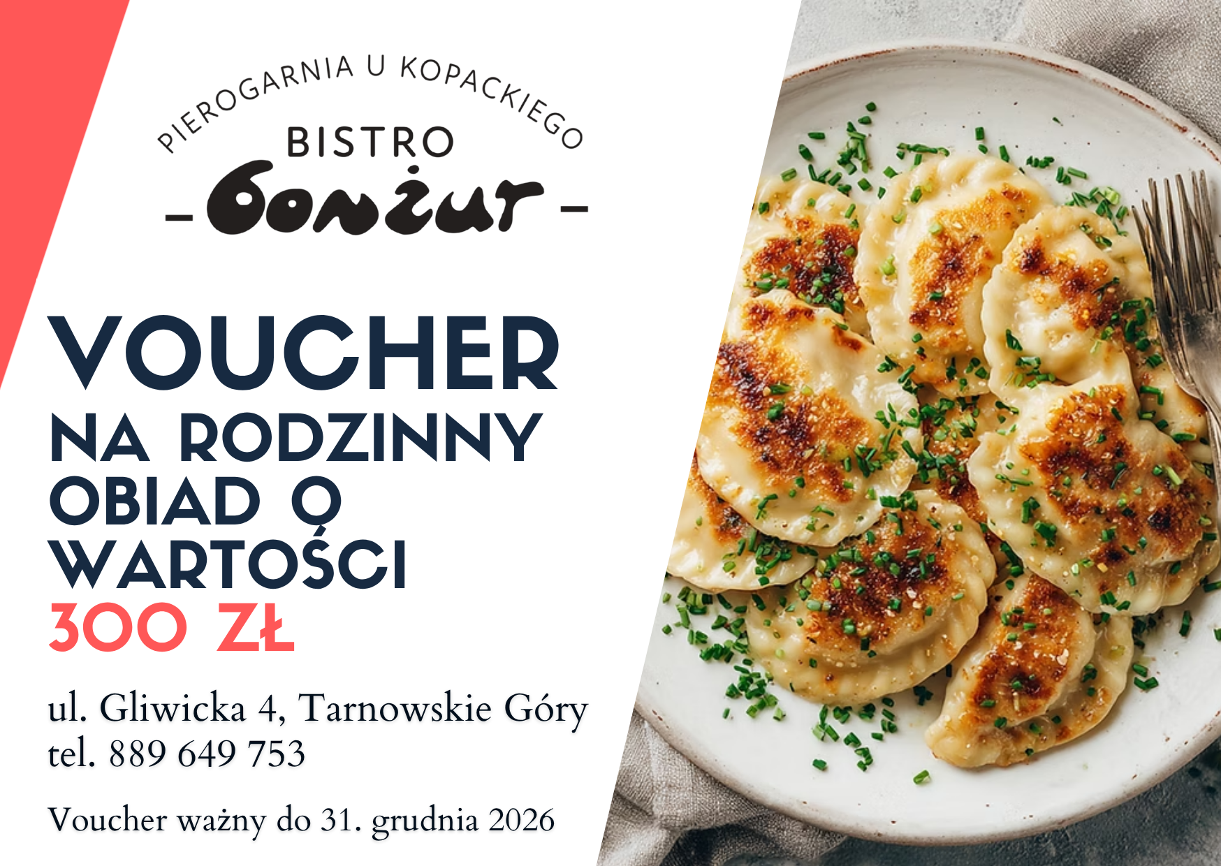 Voucher Bistro Bonżur na rodzinny obiad o wartości 300 zł, ważny do 31 grudnia 2026